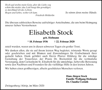 Traueranzeige von Flisabeth Stock von Bergsträßer Anzeiger