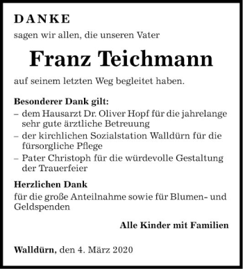 Traueranzeige von Franz Teichmann von Fränkische Nachrichten