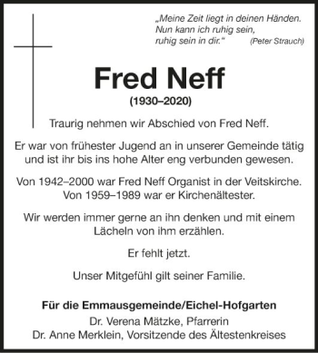 Traueranzeige von Fred Neff von Fränkische Nachrichten