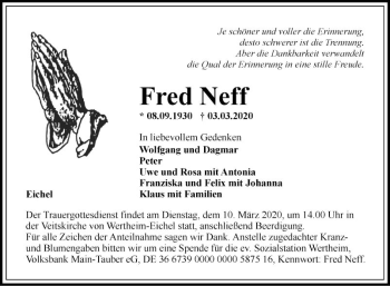 Traueranzeige von Fred Neff von Fränkische Nachrichten