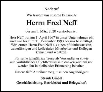 Traueranzeige von Fred Neff von Fränkische Nachrichten