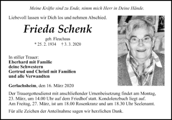 Traueranzeige von Frieda Schenk von Fränkische Nachrichten