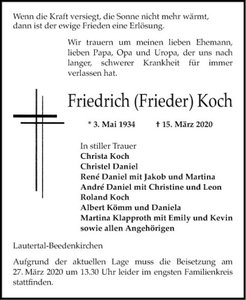 Traueranzeige von Friedrich Koch von Bergsträßer Anzeiger