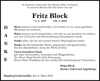 Traueranzeige von Fritz Block von Fränkische Nachrichten