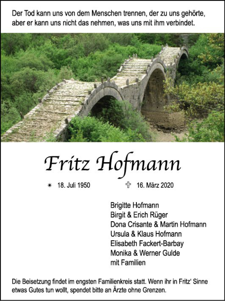  Traueranzeige für Fritz Hofmann vom 21.03.2020 aus Mannheimer Morgen