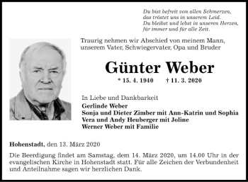 Traueranzeige von Günter Weber von Fränkische Nachrichten