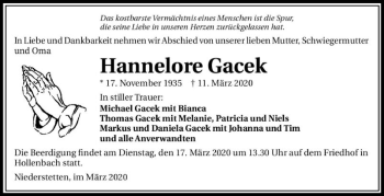 Traueranzeige von Hannelore Gacek von Fränkische Nachrichten