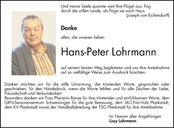 Traueranzeige von Hans-Peter Lohrmann von Schwetzinger Zeitung