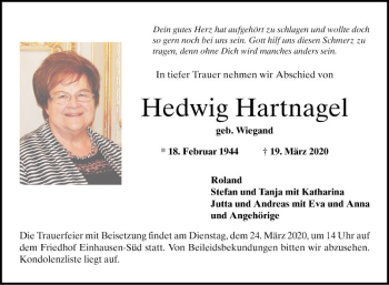 Traueranzeige von Hedwig Hartnagel von Bergsträßer Anzeiger