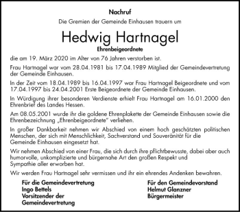 Traueranzeige von Hedwig Hartnagel von Bergsträßer Anzeiger