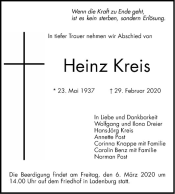 Traueranzeige von Heinz Kreis von Mannheimer Morgen