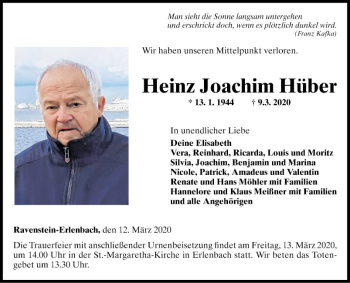 Traueranzeige von Heinz Joachim Hüber von Fränkische Nachrichten