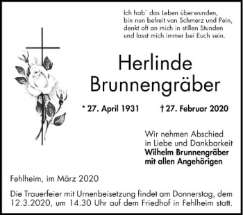 Traueranzeige von Herlinde Brunnengräber von Bergsträßer Anzeiger