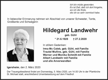 Traueranzeige von Hildegard Landwehr von Fränkische Nachrichten