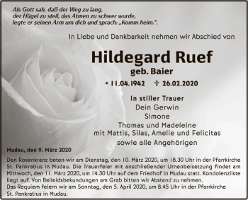 Traueranzeige von Hildegard Ruef von Fränkische Nachrichten