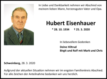 Traueranzeige von Hubert Eisenhauer von Fränkische Nachrichten