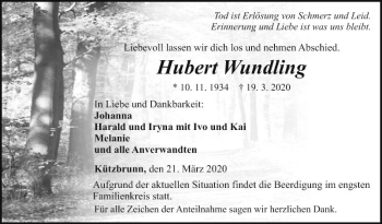 Traueranzeige von Hubert Wundling von Fränkische Nachrichten