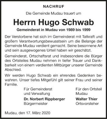 Traueranzeige von Hugo Schwab von Fränkische Nachrichten