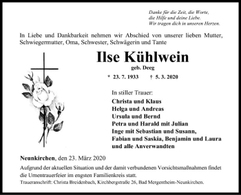 Traueranzeige von Ilse Kühlwein von Fränkische Nachrichten