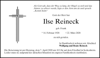 Traueranzeige von Ilse Reineck von Mannheimer Morgen