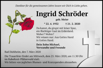 Traueranzeige von Ingrid Schröder von Mannheimer Morgen