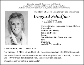 Traueranzeige von Irmgard Schäffner von Fränkische Nachrichten