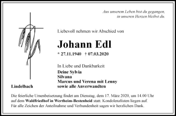 Traueranzeige von Johann Edl von Fränkische Nachrichten