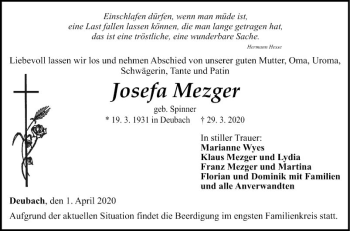 Traueranzeige von Josefa Mezger von Fränkische Nachrichten