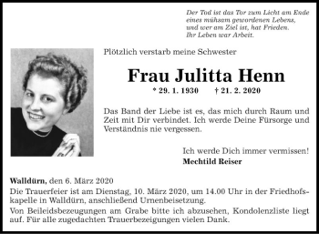 Traueranzeige von Julitta Henn von Fränkische Nachrichten