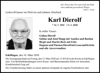 Traueranzeige von Karl Dierolf von Fränkische Nachrichten