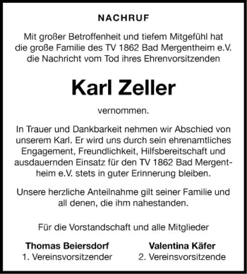 Traueranzeige von Karl Zeller von Fränkische Nachrichten