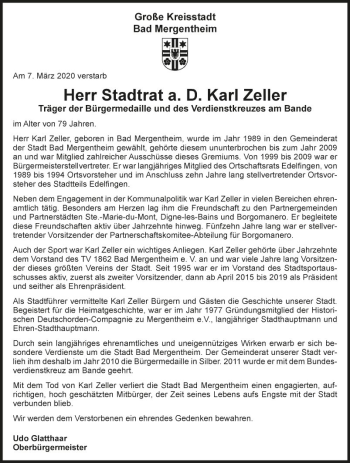 Traueranzeige von Karl Zeller von Fränkische Nachrichten