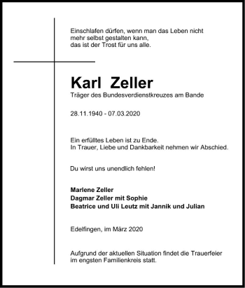 Traueranzeige von Karl Zeller von Fränkische Nachrichten