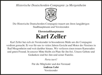 Traueranzeige von Karl Zeller von Fränkische Nachrichten