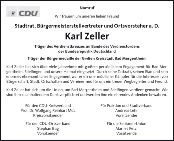 Traueranzeige von Karl Zeller von Fränkische Nachrichten