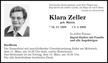 Traueranzeige von Klara Zeller von Fränkische Nachrichten