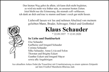 Traueranzeige von Klaus Schauder von Mannheimer Morgen