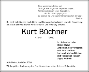 Traueranzeige von Kurt Büchner von Schwetzinger Zeitung