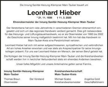 Traueranzeige von Leonhard Hieber von Fränkische Nachrichten