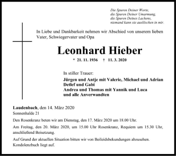 Traueranzeige von Leonhard Hieber von Fränkische Nachrichten