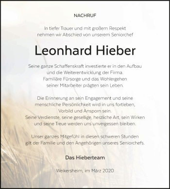 Traueranzeige von Leonhard Hieber von Fränkische Nachrichten