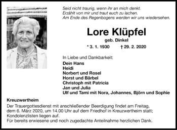 Traueranzeige von Lore Klüpfel von Fränkische Nachrichten