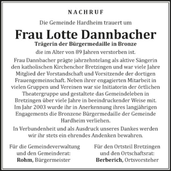 Traueranzeige von Lotte Dannbacher von Fränkische Nachrichten