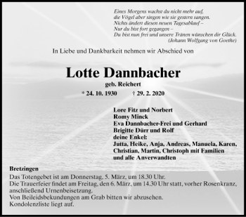 Traueranzeige von Lotte Dannbacher von Fränkische Nachrichten