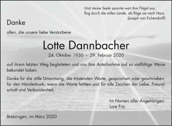 Traueranzeige von Lotte Dannbacher von Fränkische Nachrichten