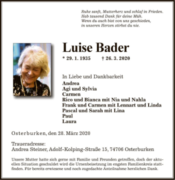 Traueranzeige von Luise Bader von Fränkische Nachrichten