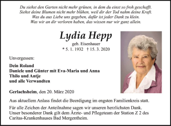 Traueranzeige von Lydia Hepp von Fränkische Nachrichten