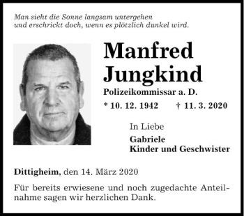 Traueranzeige von Manfred Jungkind von Fränkische Nachrichten