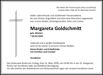 Traueranzeige von Margareta Goldschmitt von Fränkische Nachrichten