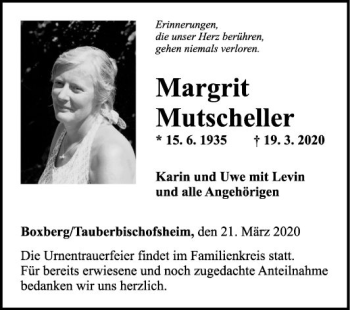 Traueranzeige von Margrit Mutscheller von Fränkische Nachrichten